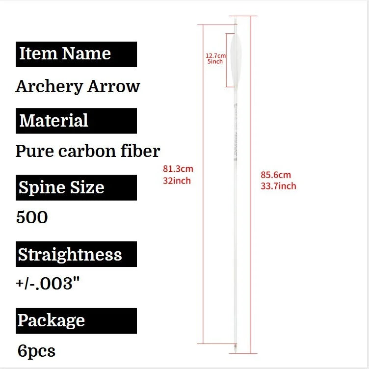 32inch Archery Pure Carbon Arrow 6pcs Arrows Spine 500 Shaft +/- 0.003 Recurve Compound Bow Hunting Shooting Target Arrows,6pcs