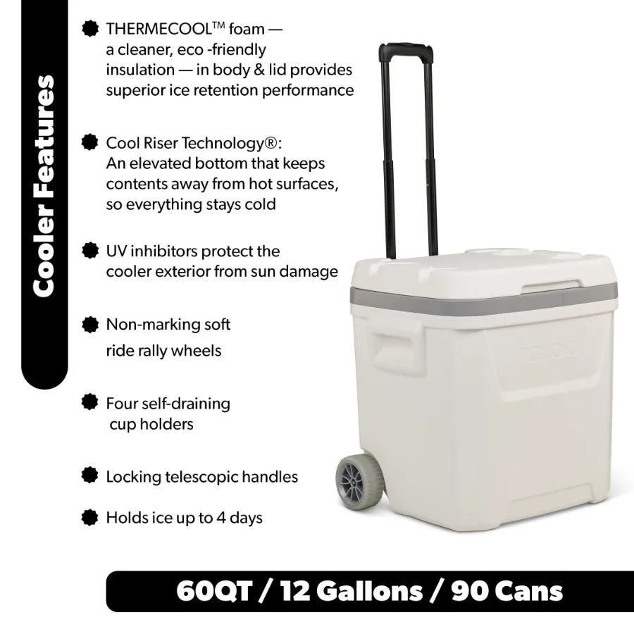 Marine ice chest cooler for outdoor use, polyethylene material, white color, 60-quart capacity with wheels for easy mobility