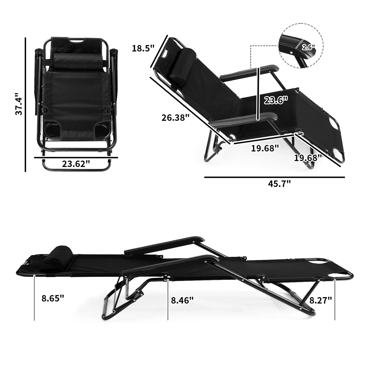 Portable Dual Purposes Extendable Folding Reclining Chair Steel Tube Oxford Fabric Heavy Duty for Home Outdoor Camping Black
