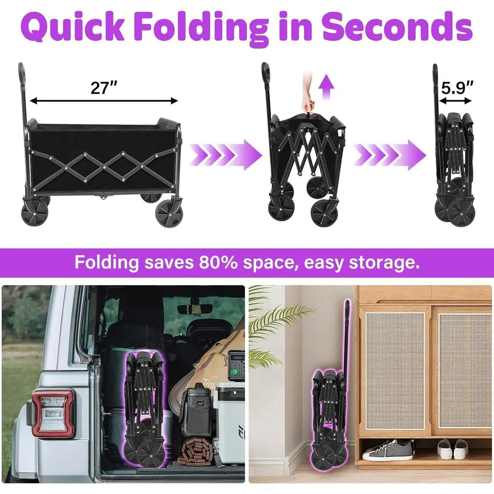 Collapsible Wagon Cart with Wheels & Drink Holders, Utility Folding Cart for Camping, Garden, Beach, Picnic, Grocery, Outdoor Sh