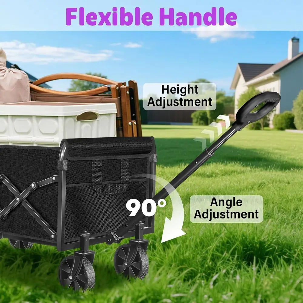 Collapsible Wagon Cart with Wheels & Drink Holders, Utility Folding Cart for Camping, Garden, Beach, Picnic, Grocery, Outdoor Sh