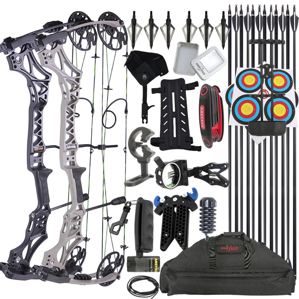 Archery M129 Compound Bow Arrow Kit 320fps Adjustable Draw Weight Magnesium Alloy Riser RH Full Hunting Accessory Set