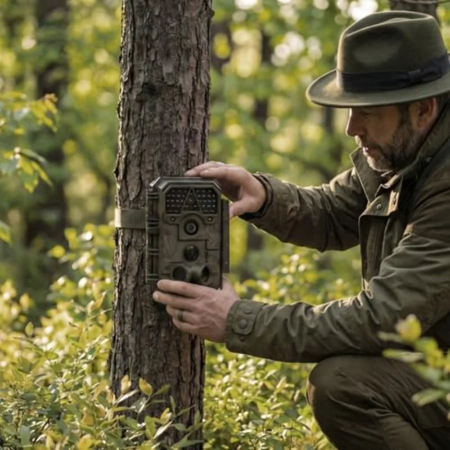 Wildlife hunting trail camera for outdoor use, rugged waterproof plastic body, black color, 64MP resolution with no-glow IR nig