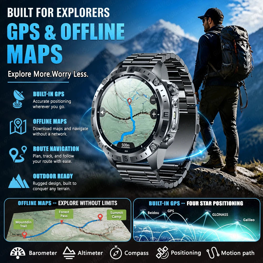 2026New Military Tank GPS SmartWatch Offline Map 10ATM Swim 2GB RAM Music Altitude Compass Bt Call Fitness Sports Smartwatch Men