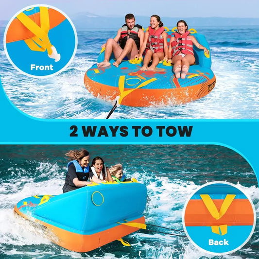 Towable Tube for Boating, 2 3 Riders Inflatable Boat Tube for Water Sports to Pull, Boat Tubes with EVA Seat Pads, Dual Tow Poi