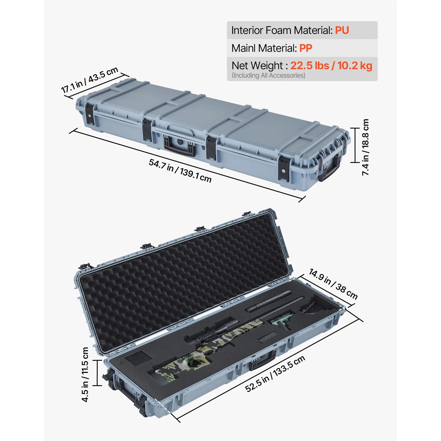 Hard Rifle Case Lockable Rifle Case with Pre-cut Foams Wheels IP67 Waterproof Pistol Storage Cases for Rifles Shotguns