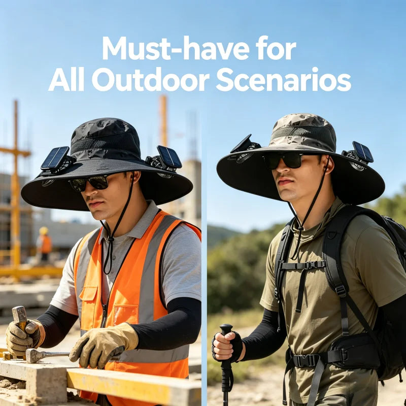 Solar-Powered Dual-Fan Cooling Sun Hat—Unisex Outdoor Wide-Brimmed Fisherman's Hat with UV Protection. Breathable Mesh Fabric Prevents Sweat Buildup. Ideal for Hiking, Fishing, Camping, and Cycling. Cool Hat for Summer Outd