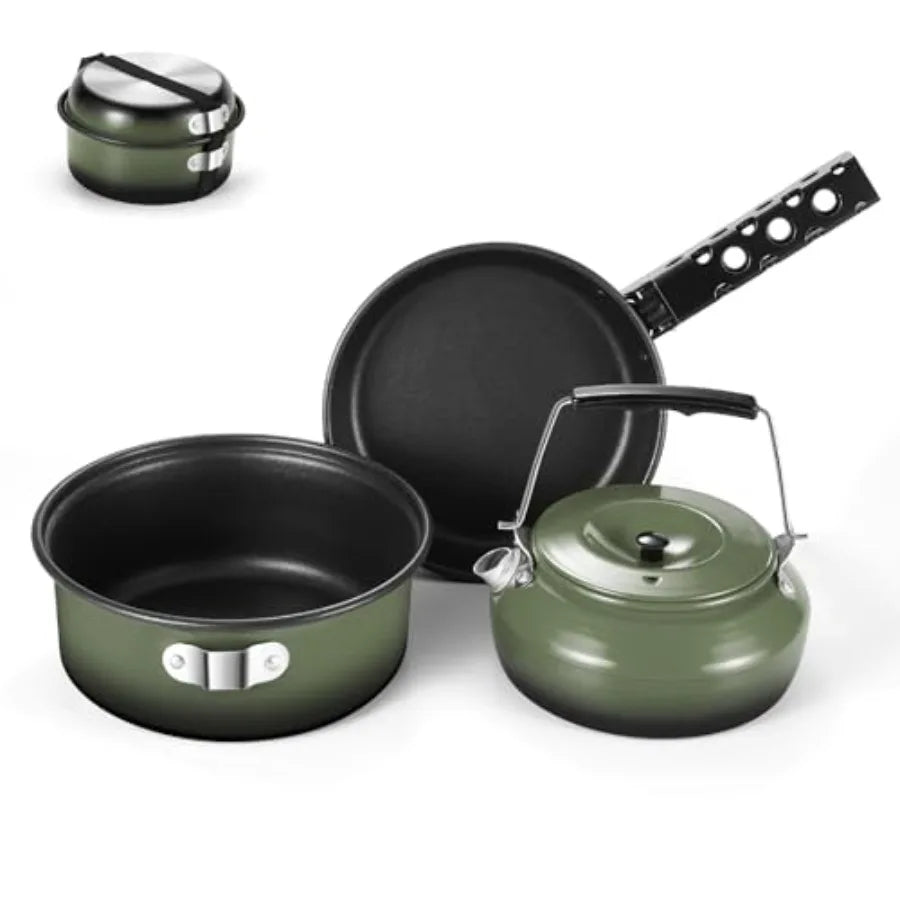 5pcs Camping Cookware Non-Stick Camping Pot and Pan Set with Kettle and Removable Handle for Hiking Backpacking and Picnic
