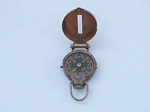 Vintage Brass Handheld Navigation Compass With Lid And Ring, 4 Inch Diameter
