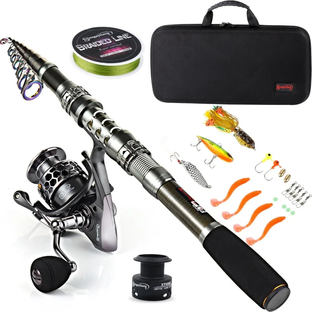 Sougayilang Fishing Rod Reel Combo with Telescopic Fishing Pole Spinning Reel Carrier Bag