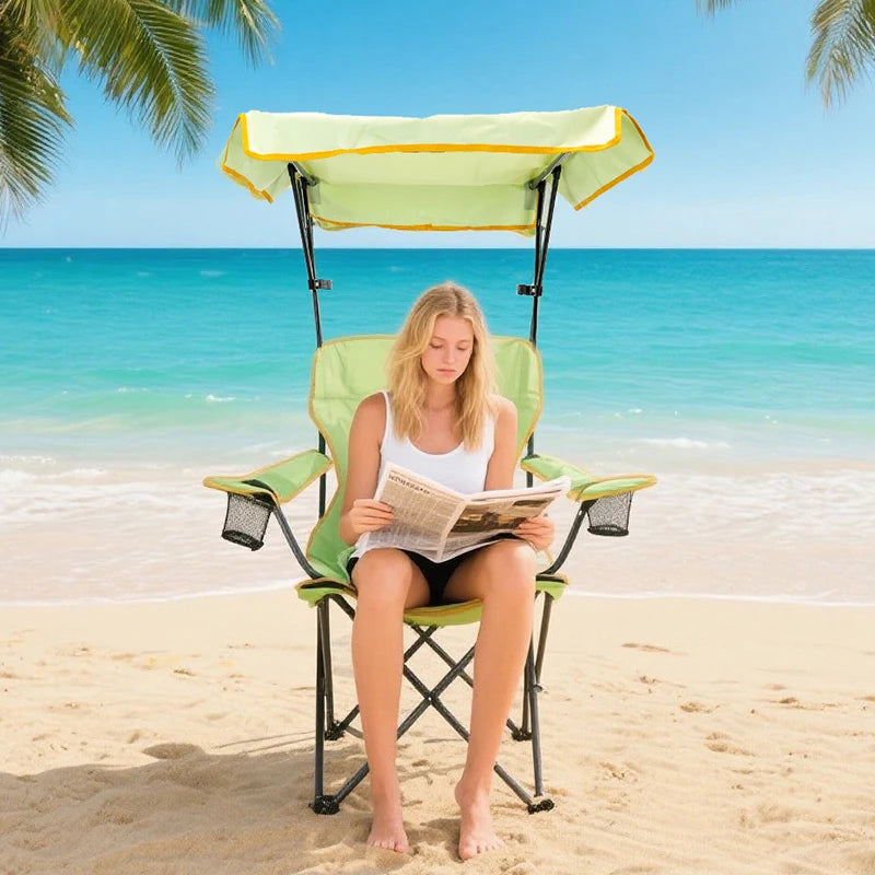 2-piece set of foldable camping chairs with sunshade, Double cup holder outdoor lawn chair, Heavy-duty portable folding chair