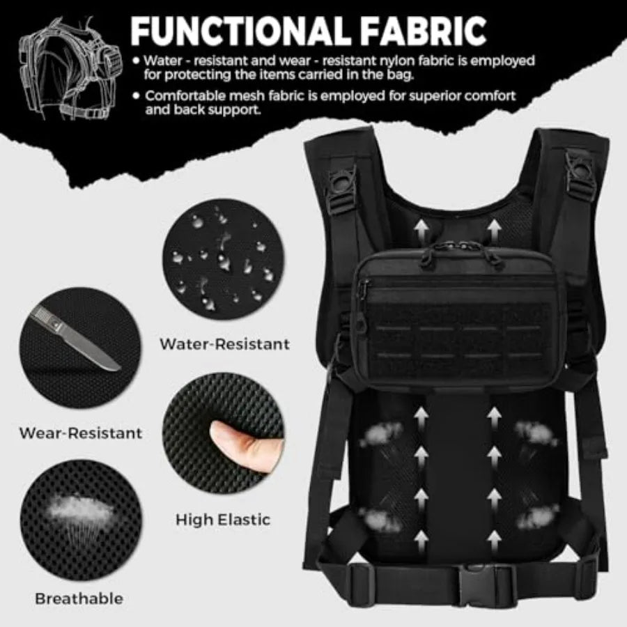 Tactical Hydration Backpack with 2L Water Bladder and Front Small Tactical Pouch, Outdoor Water Backpack for Men Women, Sports