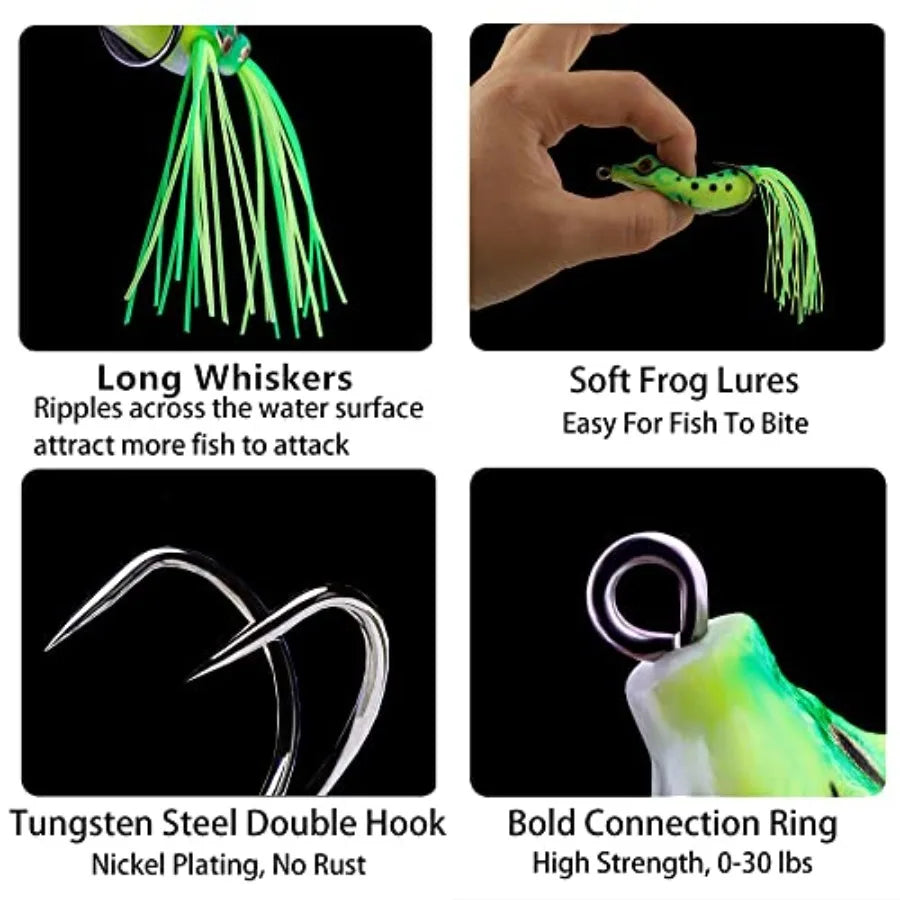 5PCS Topwater Frog Lures Set with Box, Realistic Soft Hollow Body Fishing Lures for Bass Snakehead Pike Bowfin, Weedless Freshw