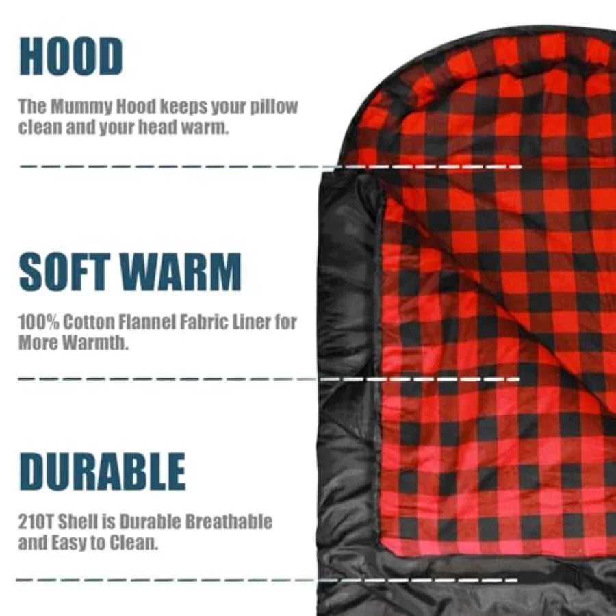 0 Degree Sleeping Bag for Adults - Cotton Flannel 4 Season Cold Weather Winter, XXL Big and Tall Camping Sleeping Bag with Comp
