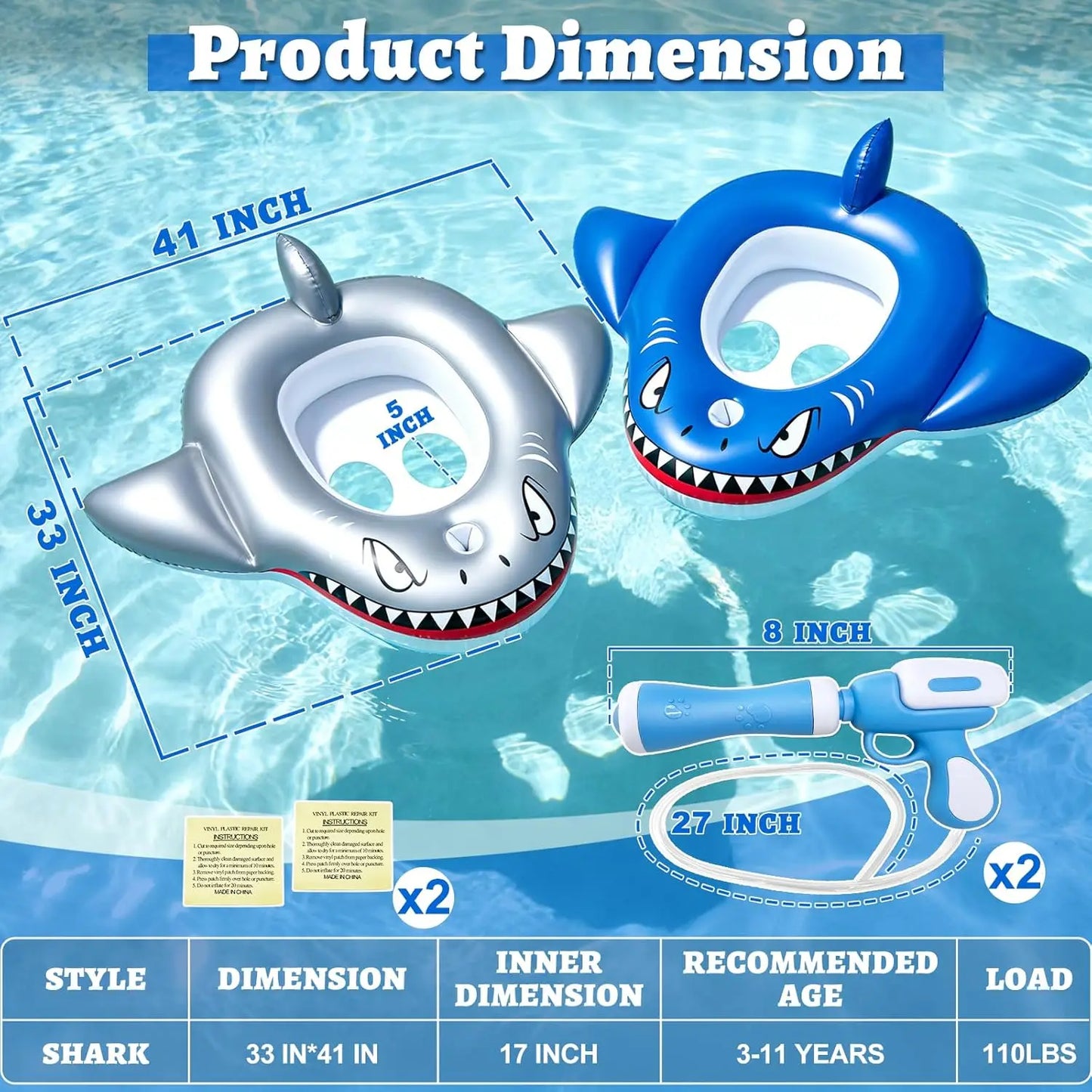 Altrek Store 2 Pack Inflatable Shark Pool Floats Kids 3-11 Years, Kids Floaties Swimming Pool Toys with 2 Water Squirt Guns Boys Girls Party Float Ride-on Toddler Floatie with Safety Seat Summer Outdoor Water Game