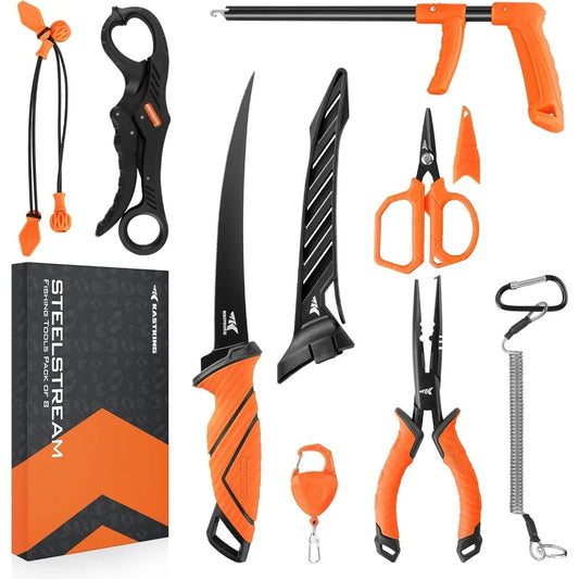 kastking steelstream 8pc fishing tool kit - fishing pliers with lanyard, fillet knife, floating fish lip gripper, fishing braid