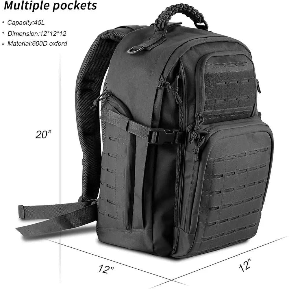 45L Black 3-Day Military-Grade Tactical Backpack with MOLLE System for Camping and Outdoor Adventures