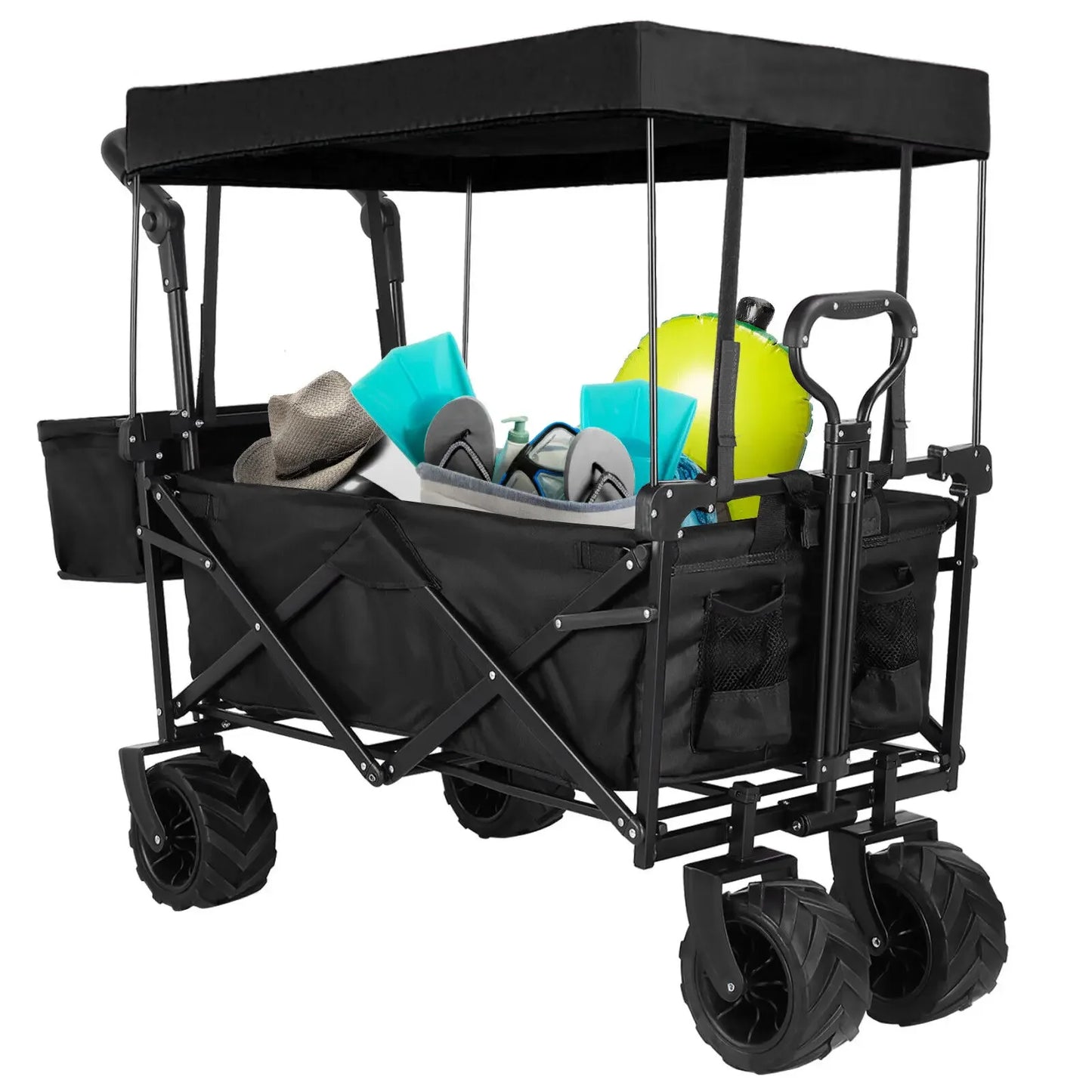 Foldable Caravan Folding Wagon Cart Garden Trolley with Detachable Canopy Portable Camping Beach Utility