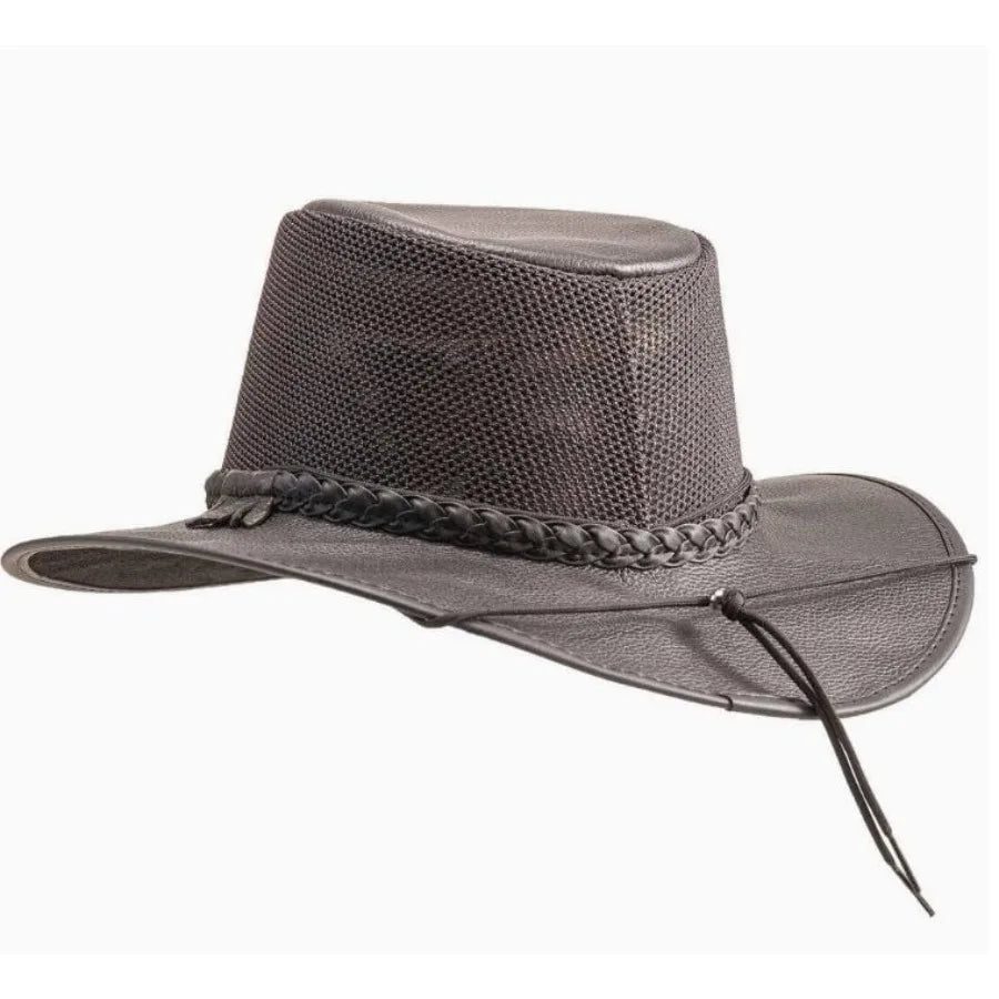 Breeze Leather Mesh Sun Hat for Outdoors Wide Brim, UPF50, Breathable Adjustable Tan and Grey