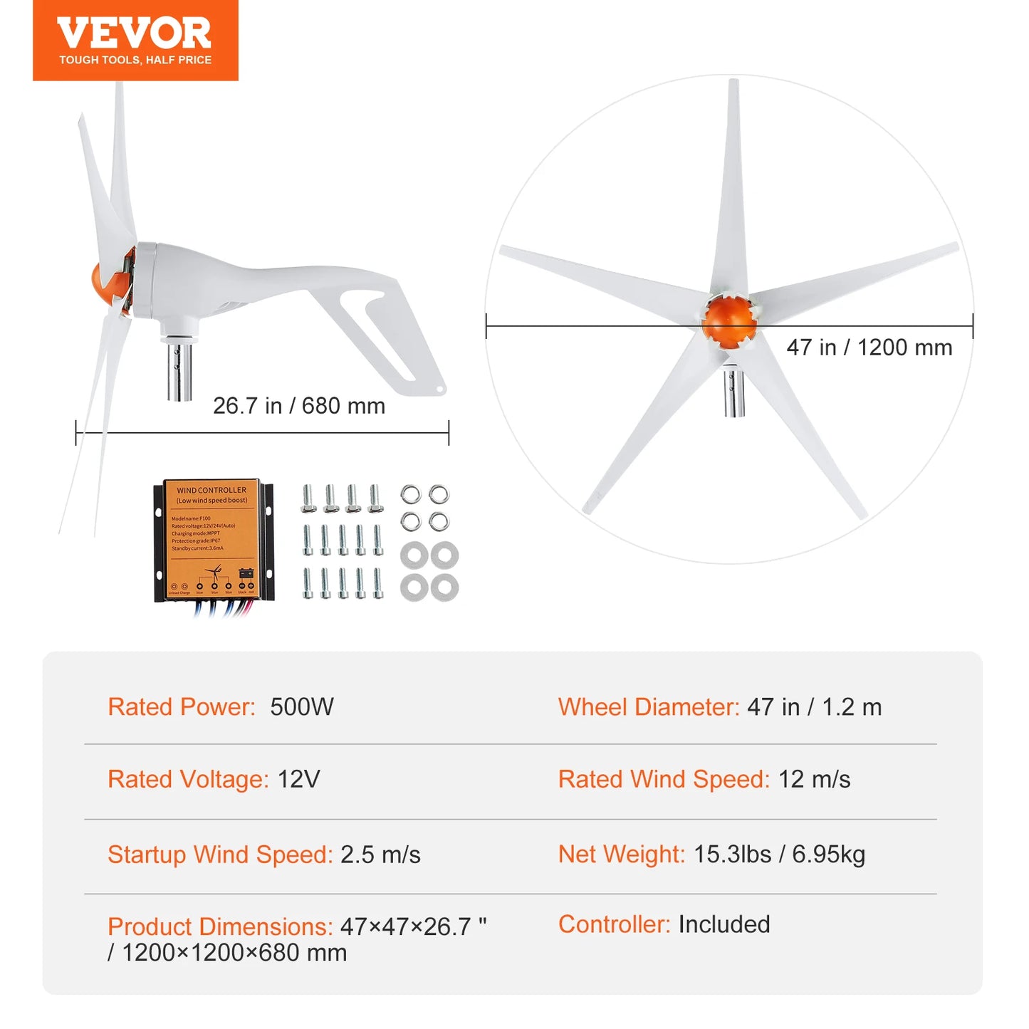 Wind Turbine Generator 12V 500W/800W Wind Turbine Wind Power Generator with MPPT Controller Suitable for Home Farm RVs
