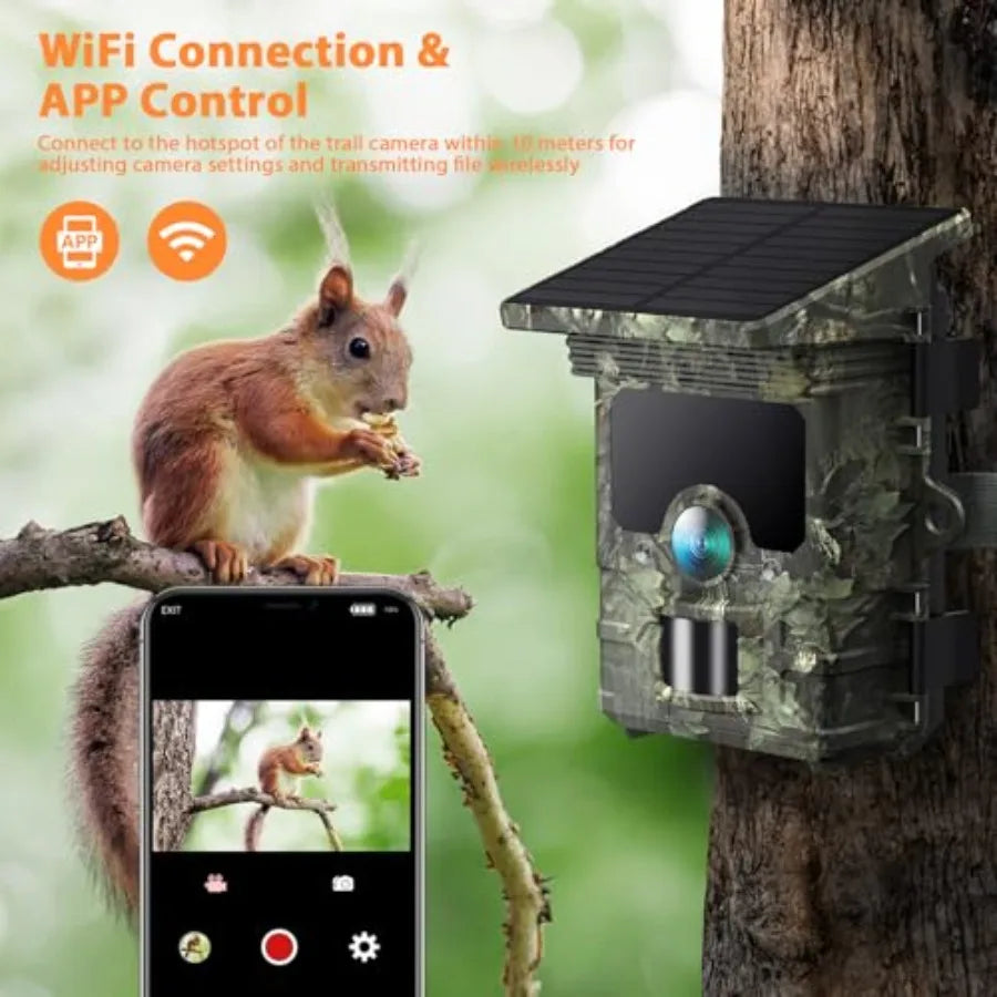 Outdoor wildlife trail camera with 4K/85MP resolution, solar-powered WiFi/Bluetooth connectivity, black IP66-rated housing, bui