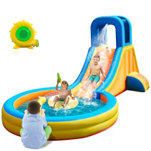 Iatable Water Slide for 5-in-1 Blow Up Bounce House with Long Slide, Climbing Wall, Splash Pool, Water Cannon, Spray Water Spou
