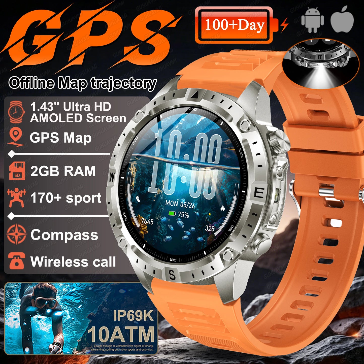 2026 NEW Outdoors Offline Map GPS Smart Watch L1+L2 Dual Band GPS Compass Cycling Run Swim Heart Rate 10ATM Military Smartwatchs