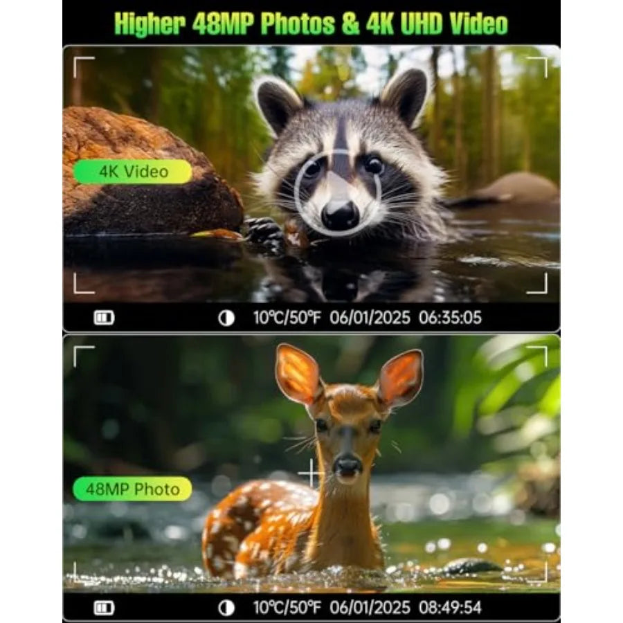 Trail Camera for wildlife hunting: solar-powered 4K 64MP with 5000mAh battery, 64GB SD card, IP67 waterproof housing, black alu