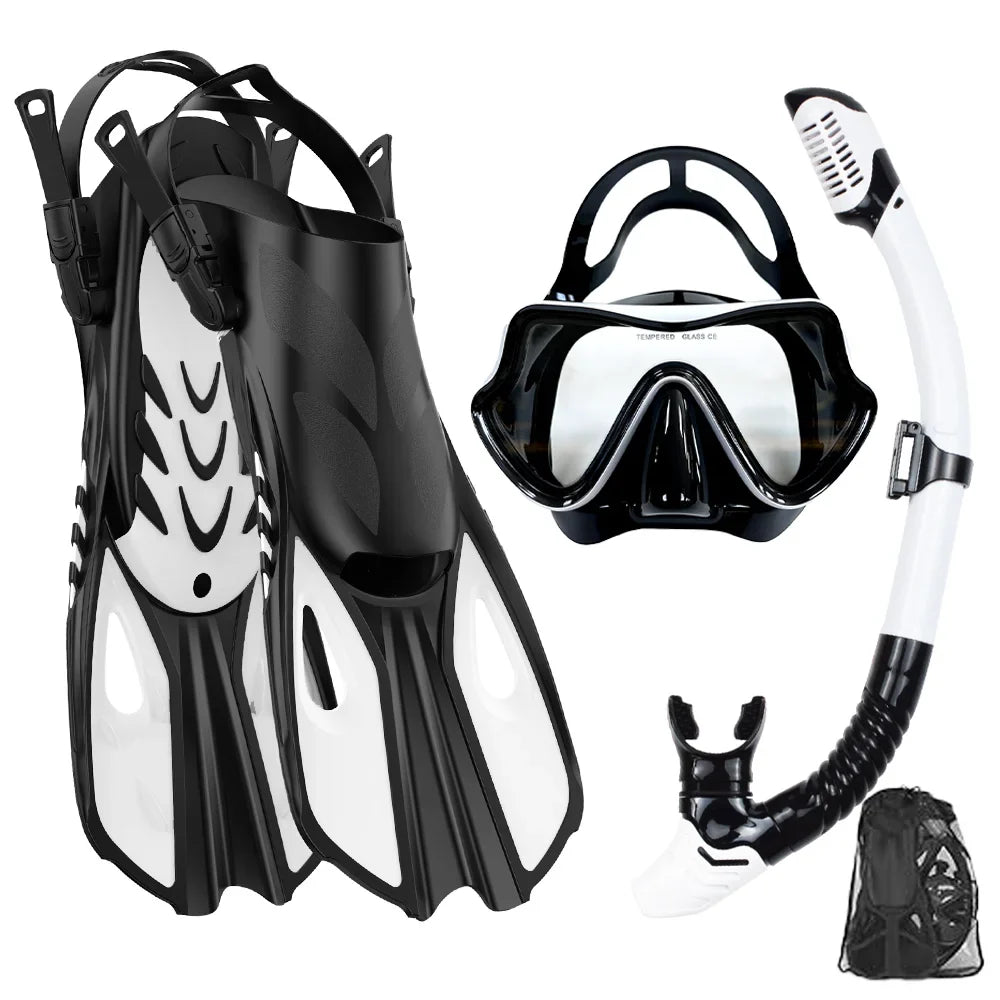 Mask Fin Snorkel Set Snorkel Gear for Adult Panoramic View Snorkel Mask Adjustable Dive Flipper Dry Top Snorkel and Travel Bag