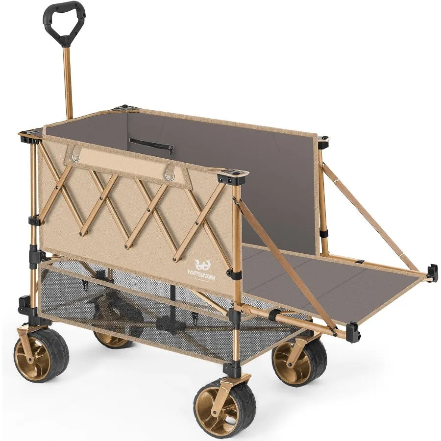Double Decker Wagon Heavy Duty Foldable Large Beach Wagon Cart with AllTerrain Big Wheels for Sports Camping Outdoor Khaki