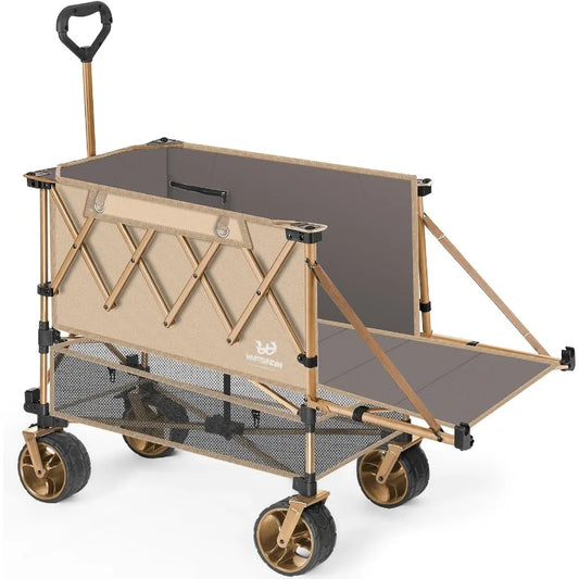 Double Decker Wagon Heavy Duty Foldable Large Beach Wagon Cart with AllTerrain Big Wheels for Sports Camping Outdoor Khaki