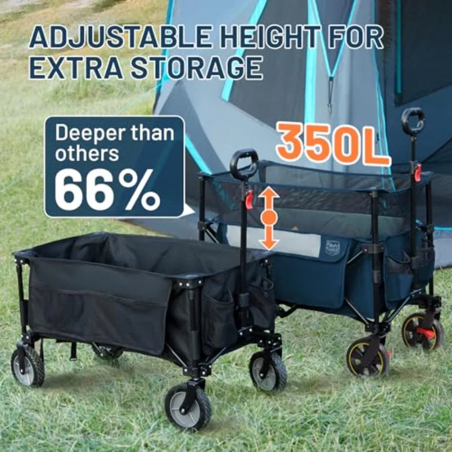Outdoor camping utility wagon: 350L extra large collapsible folding cart with brake, heavy duty steel frame, blue color, extend