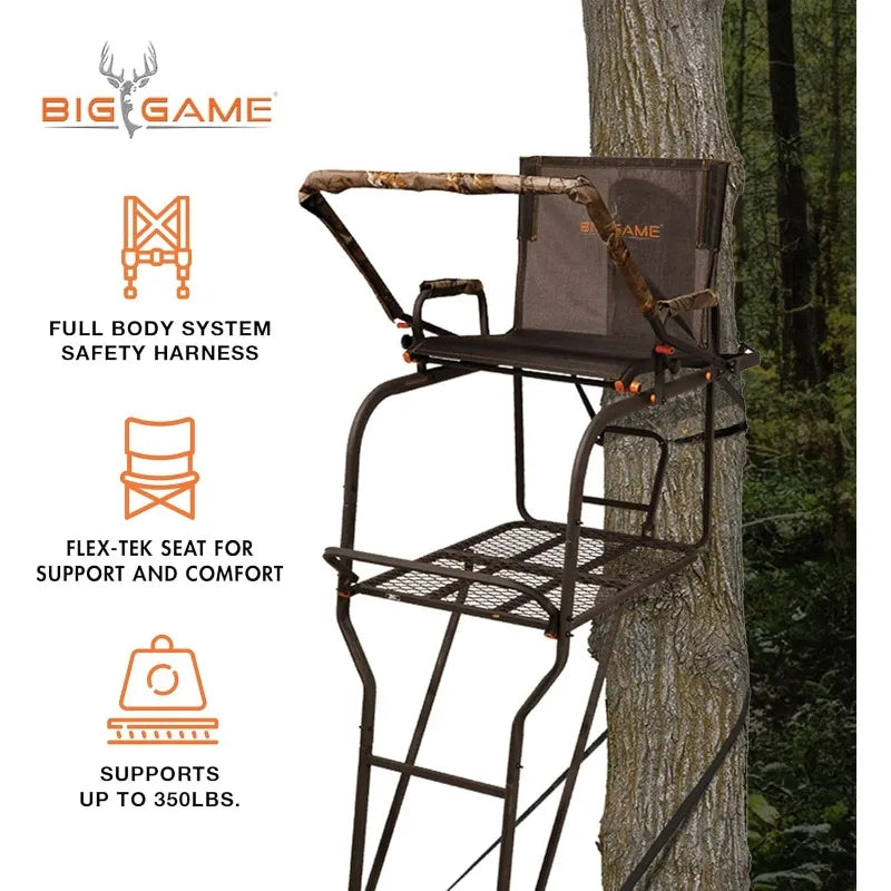 BIG GAME 1-Person Ladder Tree Stand for Hunting Deer with Seat, Hunter, 18' Tall, Black - Adjustable Climbing Treestand
