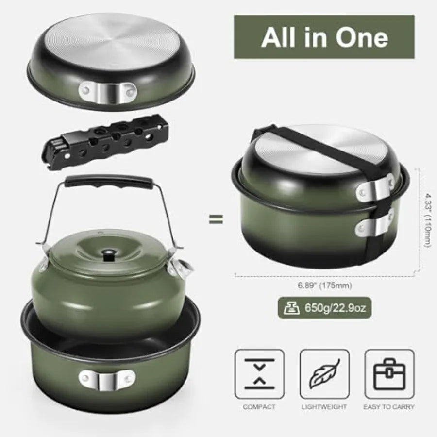 5pcs Camping Cookware Non-Stick Camping Pot and Pan Set with Kettle and Removable Handle for Hiking Backpacking and Picnic