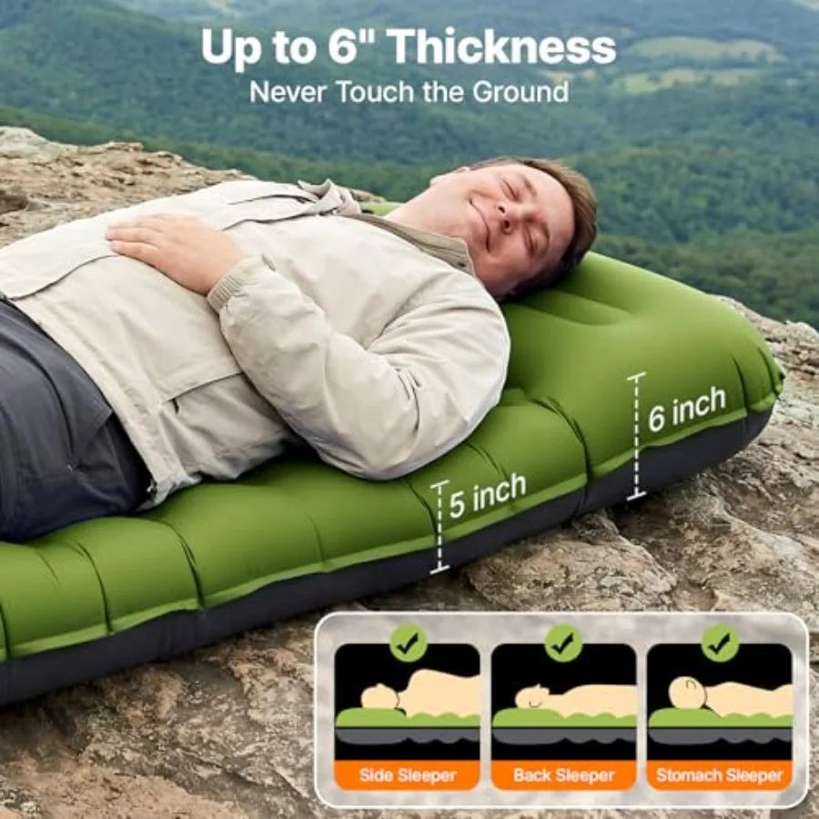 Sleeping Pad, Ultralight Inflatable Sleeping Pad for Camping with Pillow Built-in Feet Pump, 6" Extra-Thick Reinforced Camping