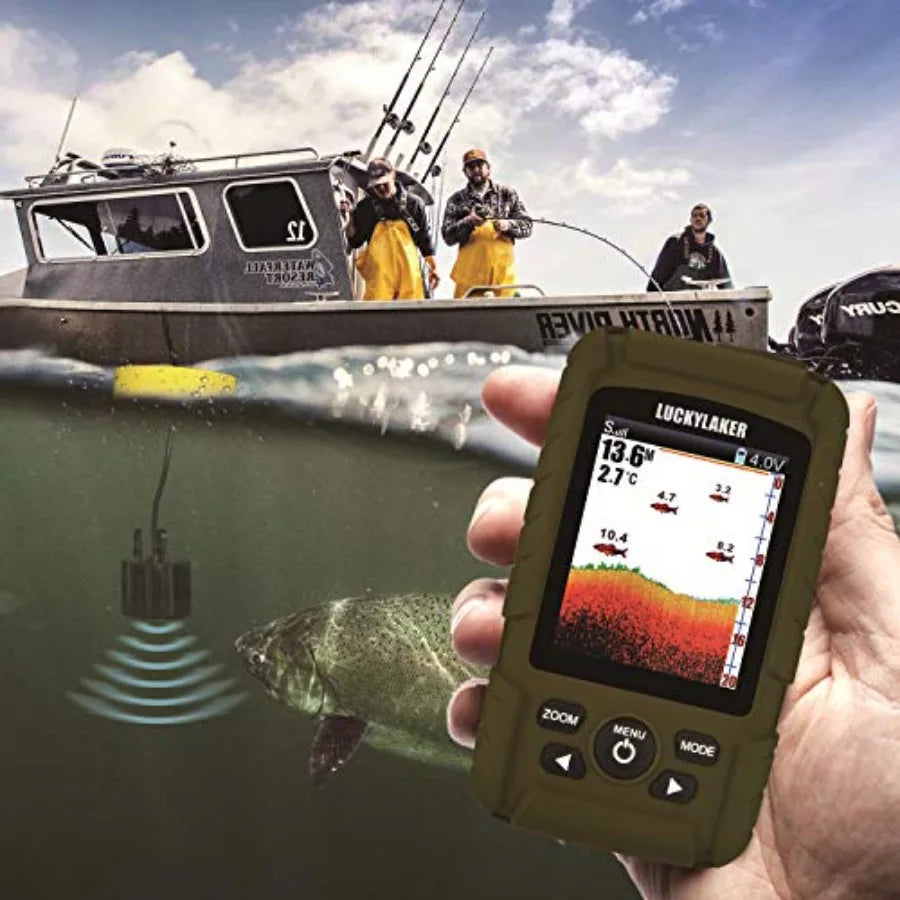 Ice fishing, sea fishing, kayak: wireless handheld fish finder with wired transducer, waterproof portable sonar depth sensor in