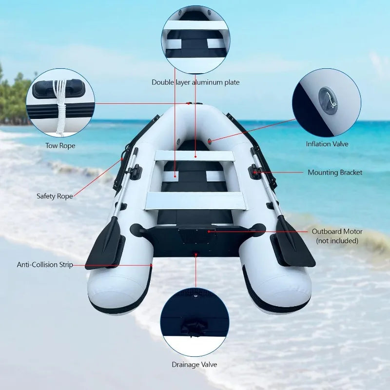 10FT Inflatable Boat,2-3Person Portable Raft,2 Aluminum Seat Board And 5 Aluminum Floor,3 Independent Air Tubes,14 Inch Large
