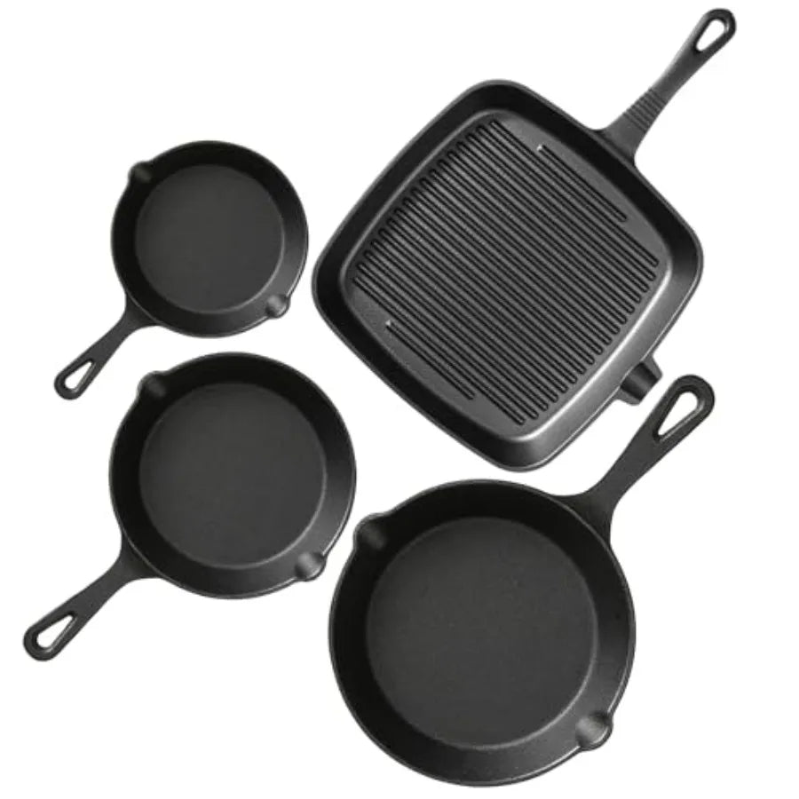 Pre-Seasoned Cast Iron Skillets, 4-Piece Durable Cookware Set in Black with Heat-Resistant Handle Covers for Grill, BBQ, Campin