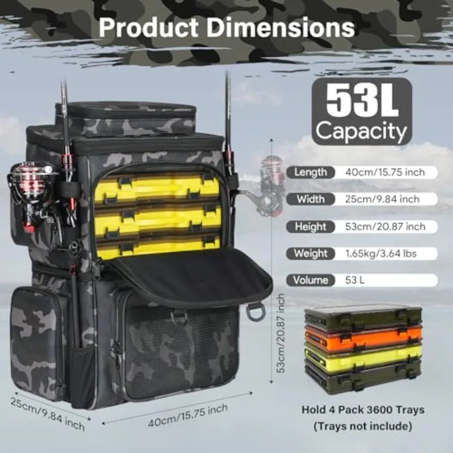 Fishing Tackle Backpack with Cooler Bag 53L Waterproof Fishing Bag with 2 Rod Holders Large Fishing Backpacks with Bottle Holde