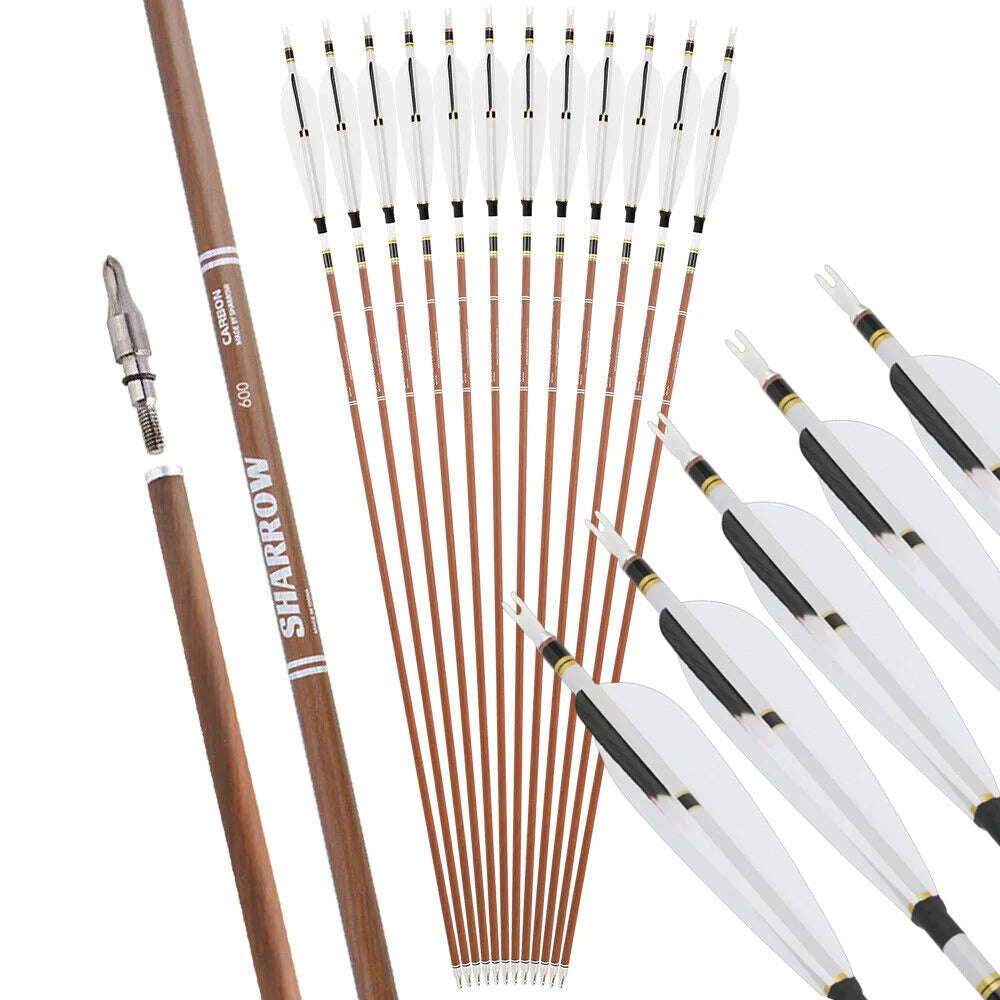 Carbon Arrows 12pcs 31 Inch Spine 340-600 Pure Carbon Shaft with 5 Inch Feathers for Compound Recurve Bow Outdoor Hunting