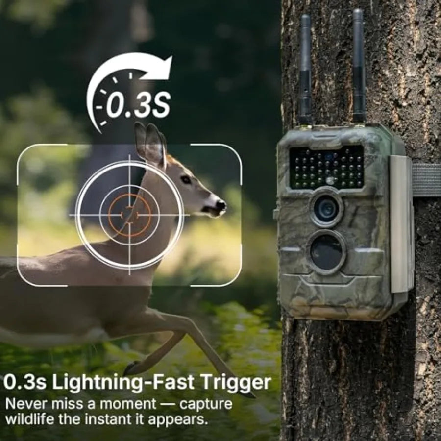 Wildlife monitoring trail camera, E6+ WiFi model, black, 64MP resolution with dual antennas and 165 ft WiFi range, no-glow nigh