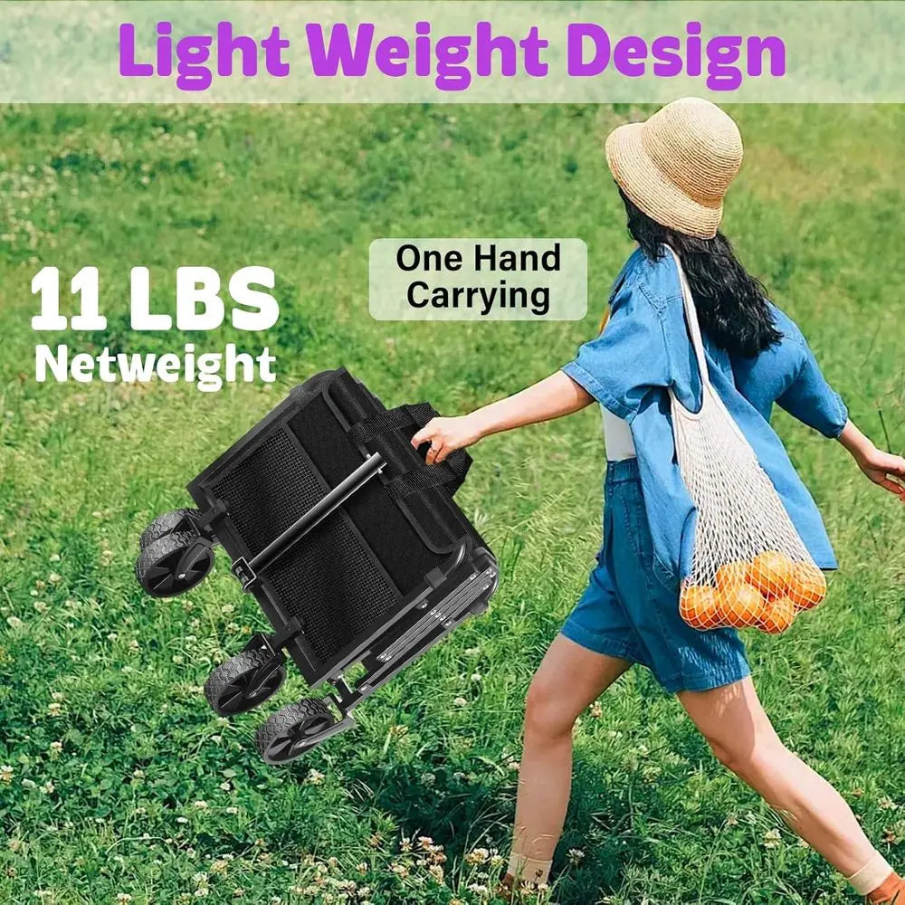 Collapsible Wagon Cart with Wheels & Drink Holders, Utility Folding Cart for Camping, Garden, Beach, Picnic, Grocery, Outdoor Sh