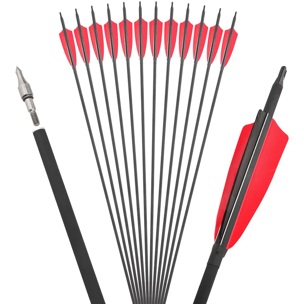 Archery Carbon Arrows 12pcs Spine 500 ID6.2mm OD7.8mm 100 Grain Points 4 Inch Turkey Vanes for Compound Bow Shooting