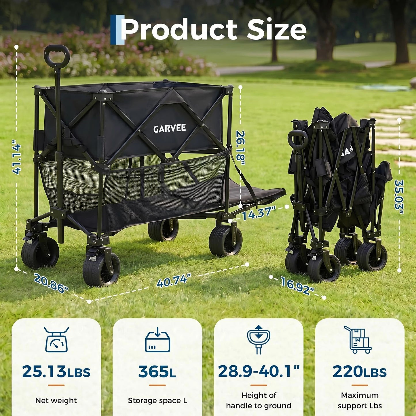 Collapsible Wagon Cart 220lb Foldable Utility Wagon With Canopy 120L Expandable Storage Cup Holders For Camping Beach