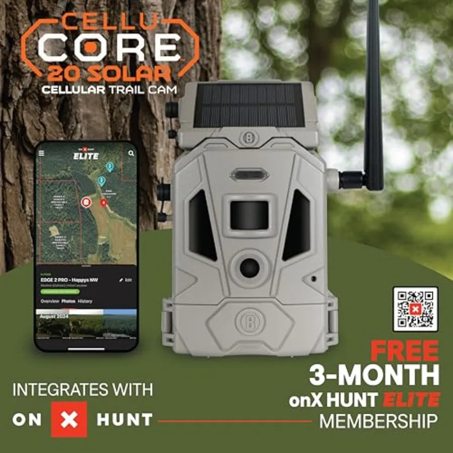 Solar trail camera for hunting, rugged ABS plastic body in black, ultra-low glow infrared night vision with 20MP photos and 108