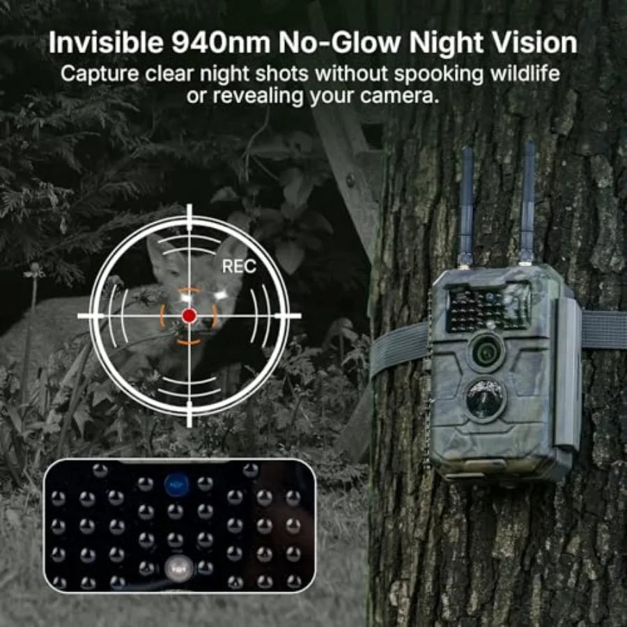 Wildlife monitoring trail camera, E6+ WiFi model, black, 64MP resolution with dual antennas and 165 ft WiFi range, no-glow nigh