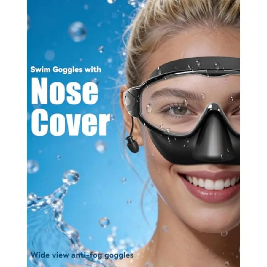 Swim Goggles with Nose Cover for Adults, 2 Pack Wide View Swimming Goggles Anti-Fog/UV No Leak for Men and Women