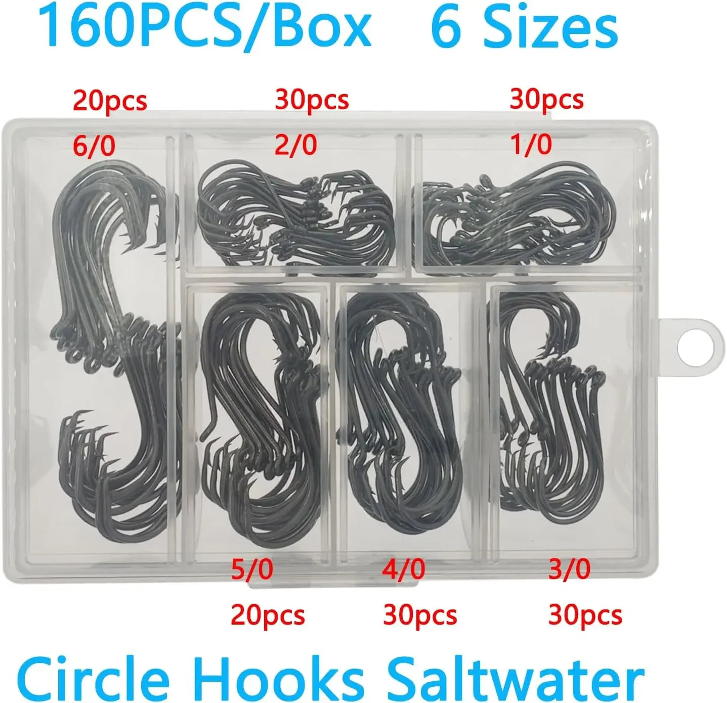 160PCS Circle Hooks for Saltwater Fishing, Sizes 1/0-8/0, High Carbon Steel with Portable Box
