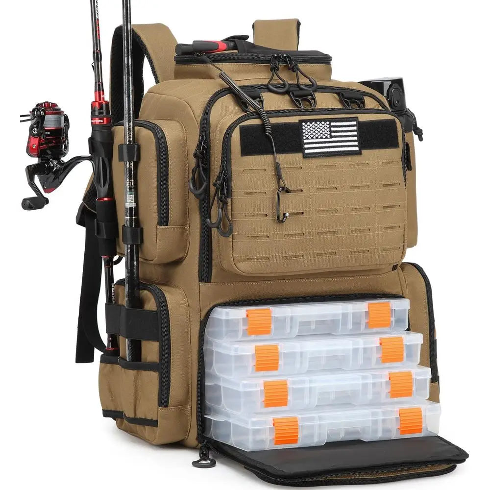 Large 50L Insulated Fishing Backpack with Tackle Boxes, Rod Holders, and Bottle Holders, Durable Brown Storage for Gear