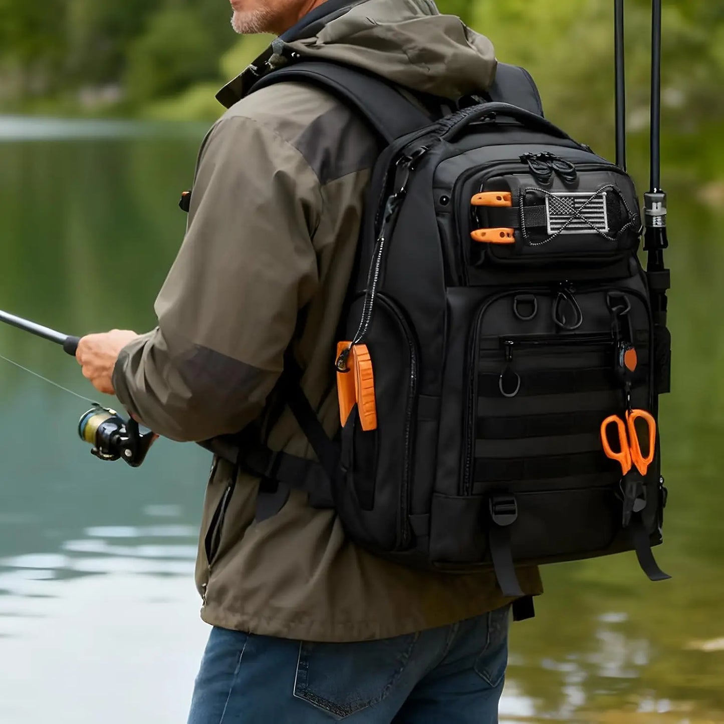50L Fishing Tackle Backpack with Removable Lure Wraps,Include (4) 3600 Tackle Boxes, 2 Rod Holders
